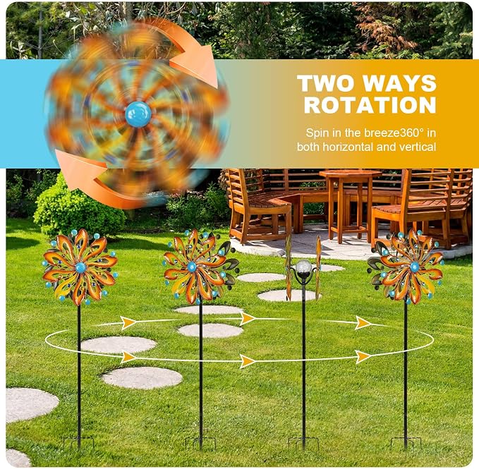 MLKNK Wind Spinners for Yard and Garden - Wind Sculptures & Spinners | Wind Spinners Outdoor 75 Inch, Kinetic Art with Solar Powered Multi-Color Glass Ball Light