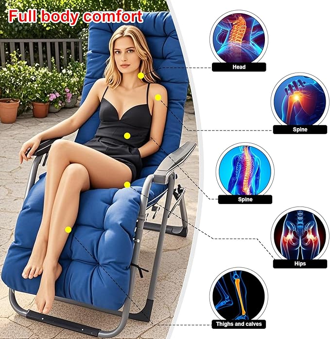 ERWUDEling Zero Gravity Lounge Chair Cushion 67 Inch - Thick & Soft Waterproof Patio Furniture Cushion for Outdoor/Indoor Use, Non-Slip with 6 Ties, Blue (19" W x 67" L x 4" T)