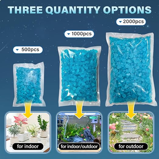 PoYang 2000pcs Glow in The Dark Rocks Outdoor - Blue Resin Glowing Pebbles for Landscaping, Garden, Fish Tank and Aquarium Indoor Decor, Powered by Sunlight or Lamplight (0.4"-0.7"/pc, 2.4lbs/Bag)