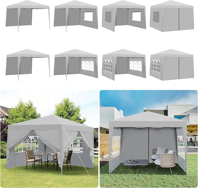 10x10FT Canopy Tent, Outdoor Gazebo Pop up Canopy with 4 Removable Sidewalls & 2 Windows, Patio Camping Shade Canopy with 4 PCS Weight Sand Bag & Carry Bag, Ideal for Parties Events, Grey