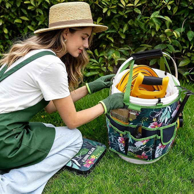KUNN 5 Gallon Garden Bucket Tool Organizer & Kneeling Pad Set, 18-Pocket Heavy Duty Garden Caddy with Hangable Handle, Polyester Tool Bag with Grip Handle & Gardening Kneeling Pad for Women, Green