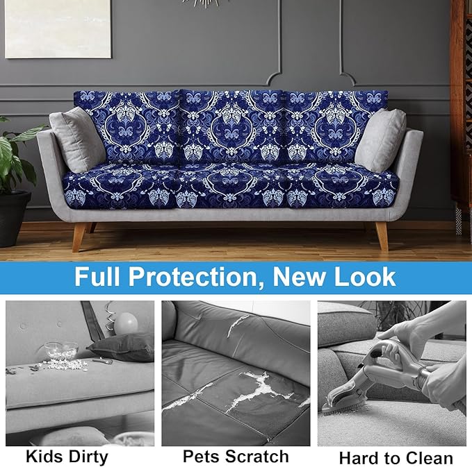 pickyNproud 8Pcs Patio Cushion Covers Stretch Outdoor Couch Cushions Slipcovers Replacement Washable Furniture Protector with Elastic Bottom Sofa Chair Seat Cover, Dark Blue