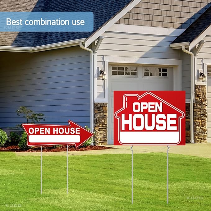 Open House Signs for Real Estate (9 Pcs), 6 Pcs Directional Arrows Signs, 3 Pcs Open House Sign, Double Sided Large Yard Sign with Stakes, Real Estate Agents Supplies, Flag - compatible, Red