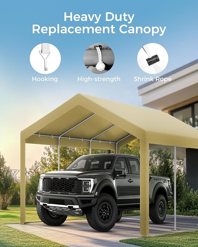Heavy Duty 10x20FT Carport Replacement Canopy Cover, Durable Waterproof Garage Shelter Top, Car Tent for Outdoor Use, with Ball Bungees for Secure (Khaki, Cover ONLY)
