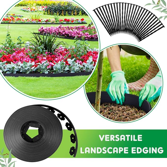 Queekay 120 Ft x 4 Inch Garden Edging Border with 108 Spikes, Plastic Flexible Landscape Edging, Heavy Duty Garden Barrier Edge for Flower Beds Yard Lawn Pathway Paver