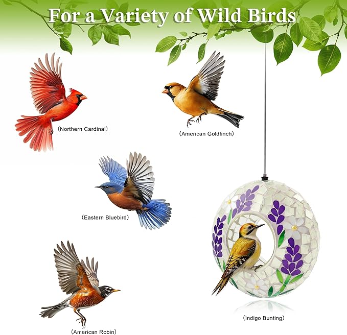 SAVENNA Mosaic Glass Hanging Bird Feeder, 6.3 Inch Handcrafted Outdoor Feeder with Steel Wire Rope, Decorative Garden & Patio Feeder for Wild Birds, Lavender Floral Mosaic Design