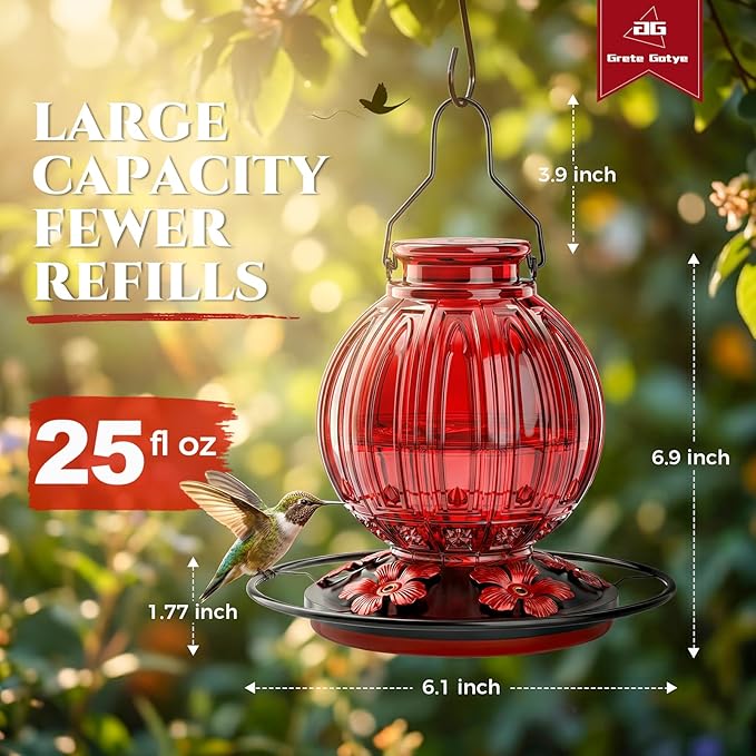 2 Pack Glass Hummingbird Feeder for Outdoors Hanging, Bird Nectar Feeder with Perch & 5 Flower Feeding Ports, 26 Oz Leak Proof for Outside Garden Decor Backyard, Gifts for Women Mom, Red