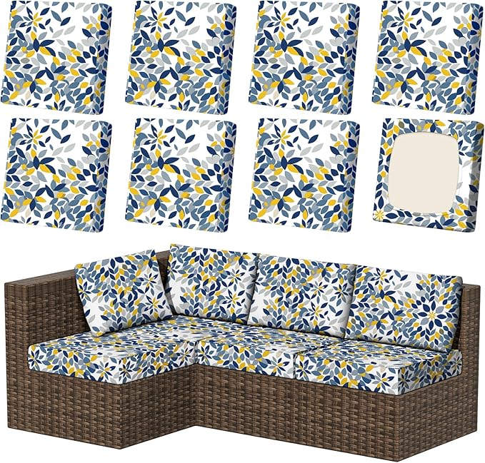 8Pcs Patio Stretch Cushion Covers, Outdoor Couch & Sofa Replacement Slipcovers for Patio Furniture Cushion Covers, Washable Reusable Furniture Protector, Square Large, Leaf Mandala