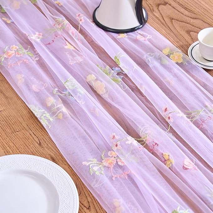 vctops 2 Packs Embroidery Lace Spring Table Runner 10ft Floral Garden Seasonal Tulle Table Runner Holiday Kitchen Dining Table Decoration for Wedding Party Baby Shower Birthday (Purple,30"x120")