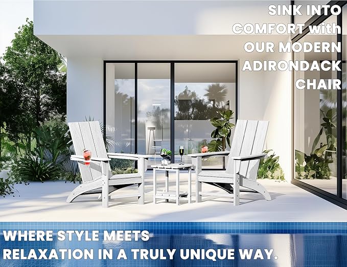 Modern Adirondack Chair with Cup Holder, HDPE Plastic Patio Chairs for All Weather, Fire Pit Chair, Outdoor Lawn Chairs for Deck, Porch, Backyard, Garden, White