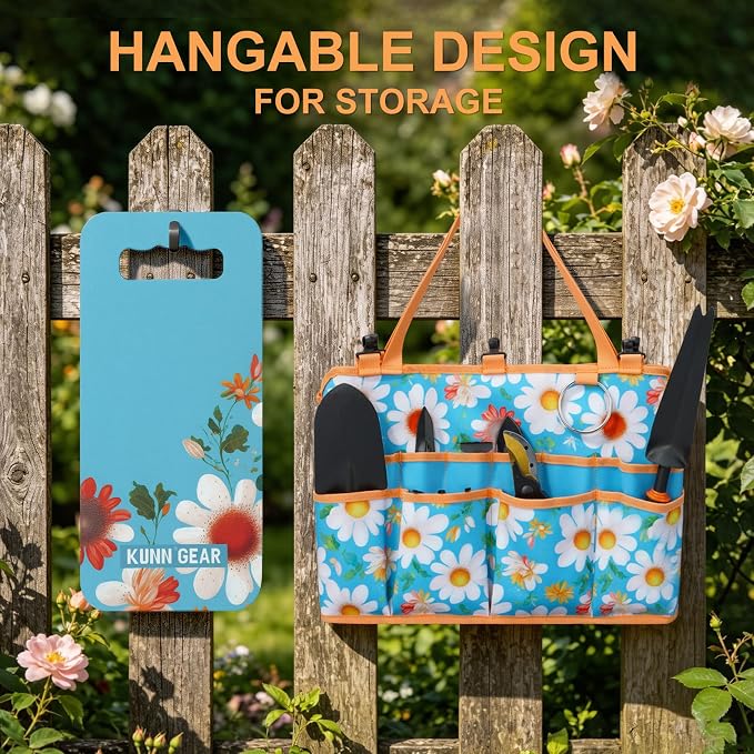 KUNN 5 Gallon Garden Bucket Tool Organizer & Kneeling Pad Set, 18-Pocket Heavy Duty Garden Caddy with Hangable Handle, Polyester Tool Bag with Grip Handle & Gardening Kneeling Pad for Women, Orange