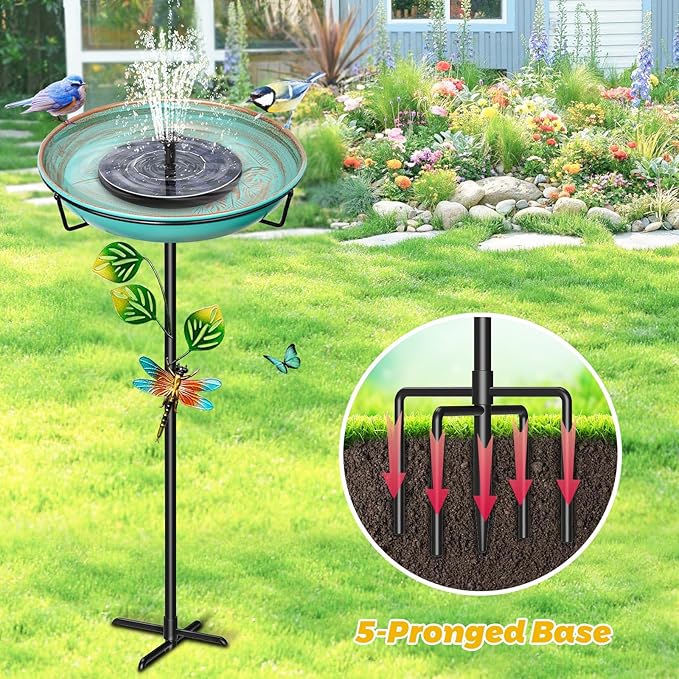 Metal Bird Bath for Outside, 35.4In Vintage Freestanding Garden Birdbaths & Birdfeeder with Upgraded 5 Prongs Base, Bird Baths Feeder Water Bowl for Outdoors Patio Yard Lawn Art Decor (Retro Green)