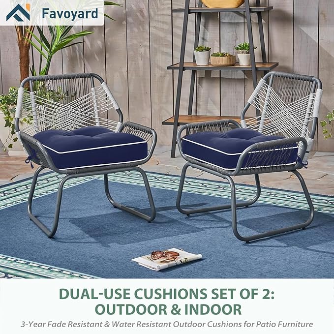 Favoyard Patio Chair Cushions 19 × 19 Inch Water Resistant & 3-Year Color Fastness Outdoor Chairs Cushion for Seat Dining Rocking Wicker Chair Cushion with Tie Straps Tufted Square Pads, Blue, 2 Pack
