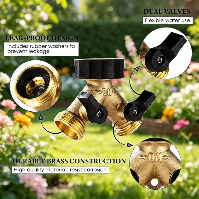 Dalmbox Garden Hose Splitter 2 Way, Y Connector Brass Garden Hose Adapter, Water Hose Splitter, Double Shut Off Valve, Includes 5 Rubber Washers & Teflon Tape(2 pack)