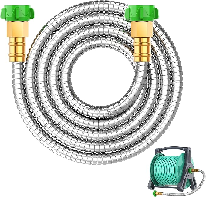 Short Metal Garden Hose 5 ft with Female to Female Connector， Stainless Steel Small Leader Hose for Hose Reel, Long, Flexible, Lightweight & Heavy Duty Water Pipe, Outdoor Water Hose Extension Adapter