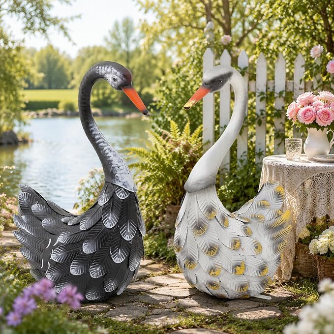 19" Swan Statue Set of 2, Handcrafted Lifelike Metal Swan Sculptures with Ground Stakes, Weatherproof Large Swan Figurines for Garden Patio Yard Decor, Gifts for Women Wedding Housewarming