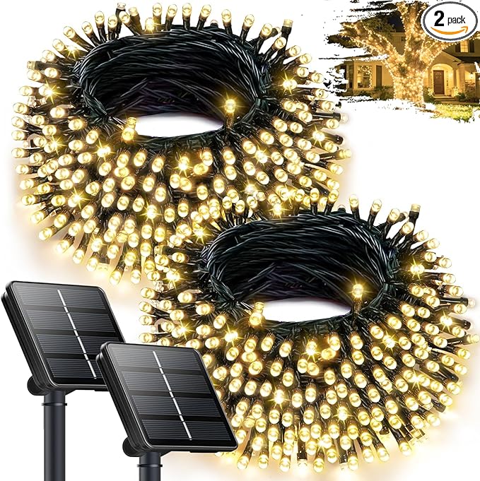2Pack 240LED Solar String Lights Outdoor Waterproof | Solar Christmas Lights with 8 Modes & Memory, Auto On/Off Solar String Lights for Outside Xmas Tree Garden Yard Patio Wedding Decor (Warm White)