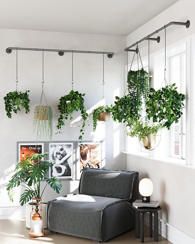 SOFITORG Plant Haning Rod, 2 Pack Hanging Planters for Indoor Plants with 6 Chains, Wall Plant Hanging Bar for Window Celling, 65.7 Inch, Metal Black, Pots Not Included