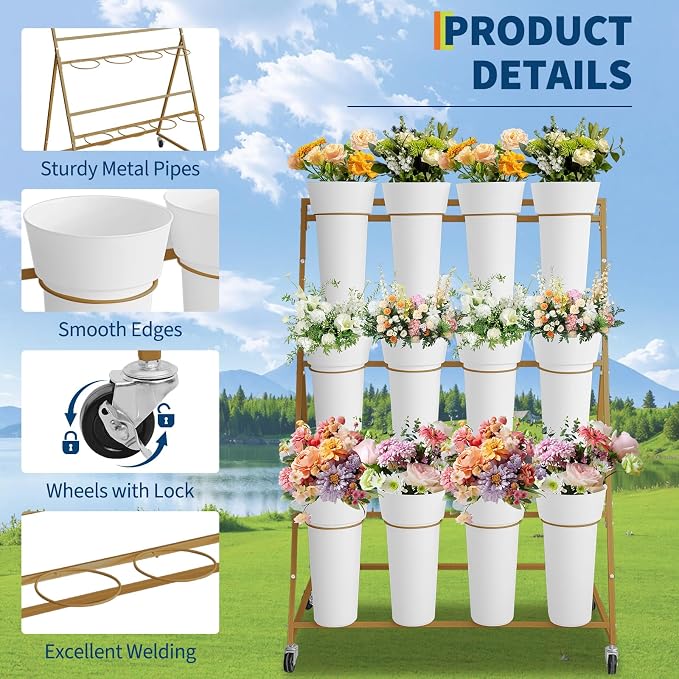 GarveeLife 3-Tier Metal Flower Display Stand with 12 Removable Round Buckets and Wheels, Mobile Flower Cart for Indoor Outdoor Patio Garden Wedding Flower Shop,Gold
