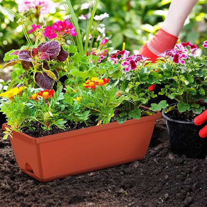 CADUKE Railing Planter Boxes Deck 2 Pack Railing Flower Box with Adjustable Bracket 17 Inch Window Boxes Rectangle Window Deck Hanging Planters Boxes for Outdoor Patio, Red