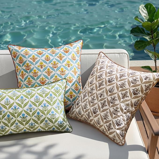 ANRODUO Floral Outdoor Pillow Covers 12x20 Waterproof Set of 2 Lumbar Block Print Decorative Cushion Cases with Refined Edge Piping for Spring Patio Porch Garden Couch Sofa Bench Decor Brown