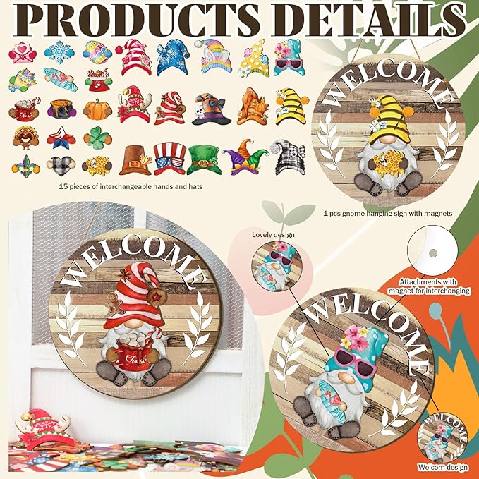 Qunclay Interchangeable Wooden Gnome Decor Holiday Seasonal Gnome Decorations with Magnet Pieces and Detachable Hats Changeable Welcome Sign for Home(Yellow)