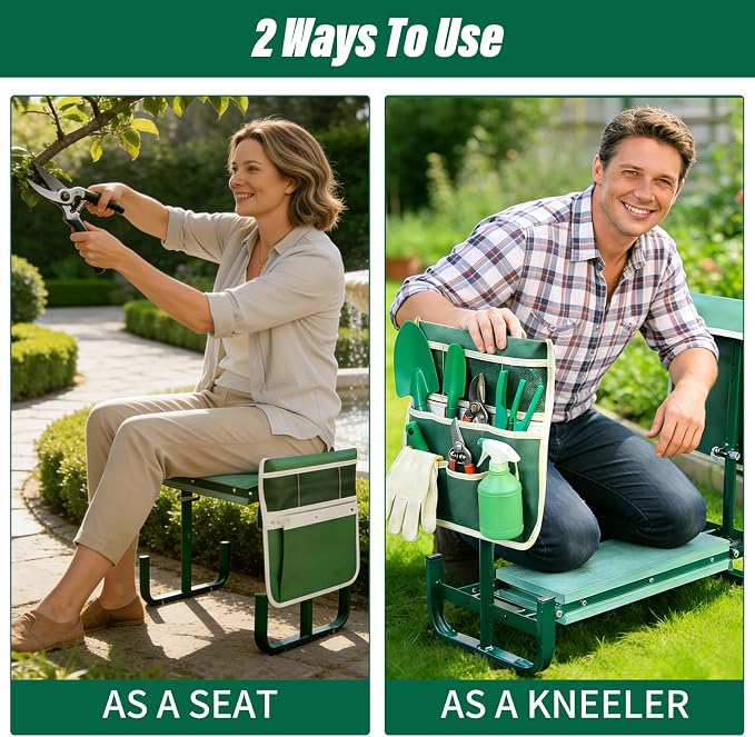 Adjustable Garden Kneeler and Seat, Foldable Garden Kneeler and Seat with Wider Kneeling Pad and 2 Tool Pouches Height Adjustable Heavy Duty Gardening Stool