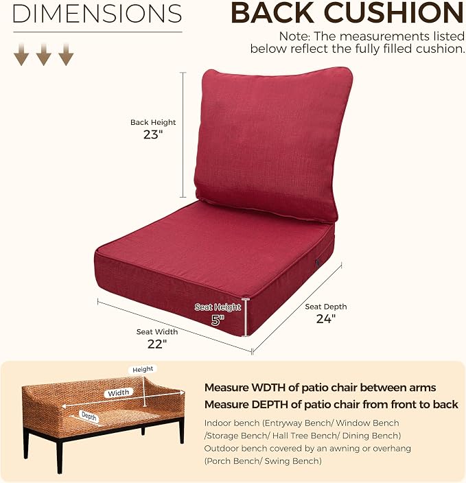 Art Leon 22x 24 Outdoor Seat Cushion 28D High Density Foam Patio Chair Cushions with Non-Slip Backing Patio Cushions for Patio Furniture Porch Swing Garden Bench Camping Stadium Red