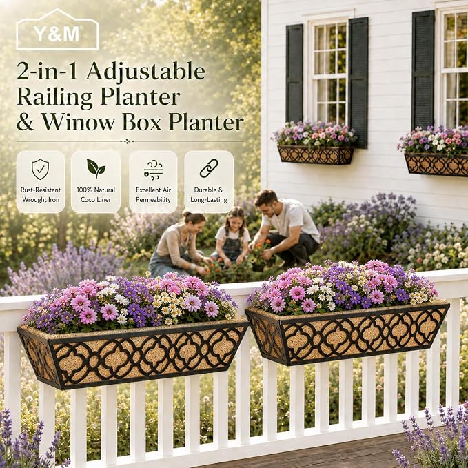 Y&M Railing Planter Boxes 24 Inch 2 Pack, Hanging Balcony Planter, Adjustable Deck Railing Planter Box, Metal Window Boxes Outdoor for Fence, Porch Flower Pots Holder