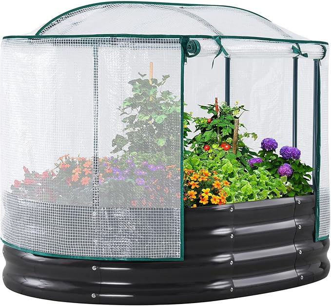 KING BIRD Raised Garden Bed with Cover Galvanized Oval Planter Garden Box Outdoor for Gardening, Vegetables, Flowers 4x3x1 Ft, White, GB-22W