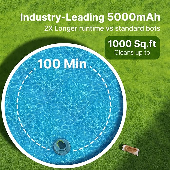 POOLPURE Pool Cleaner, 5000mAh Battery, 100 Minutes Runtime, 1000 Sq Ft Coverage, Automatic Cleaner (Yellow Gray)