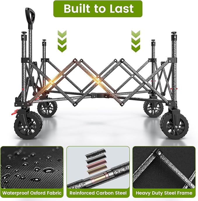 Blomoba Folding Wagon Cart with Wheels, 180L 330LBS Heavy Duty Utility Wagon, Beach Wagon with All-Terrain Wheels, Portable Grocery Wagons for Camping, Shopping, Garden, Sports, Black