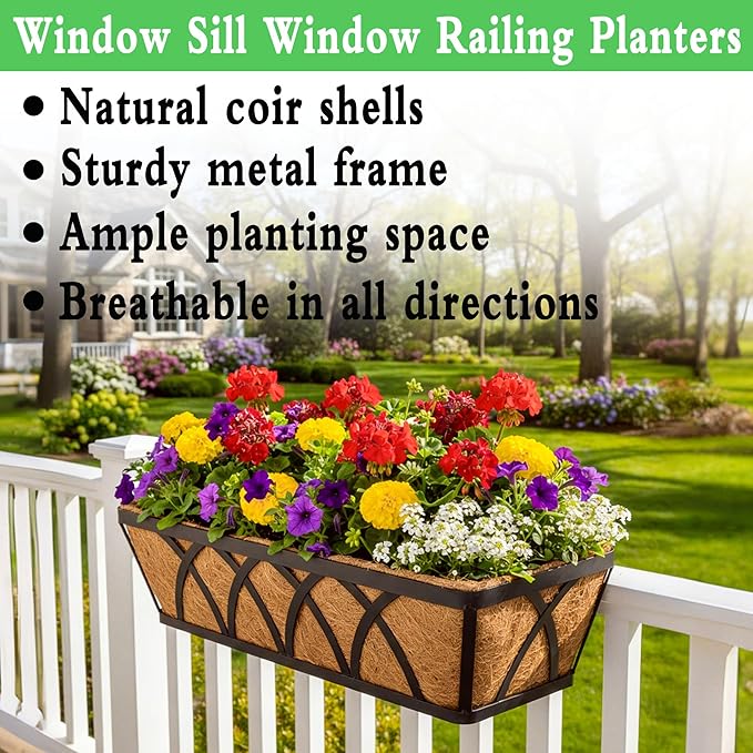 2 Pack 24 Inch Window Sill Fence Planter Pots Black Metal Window Sill Planter with Coco Backing Wall Mounted Home Planter Hanging Basket