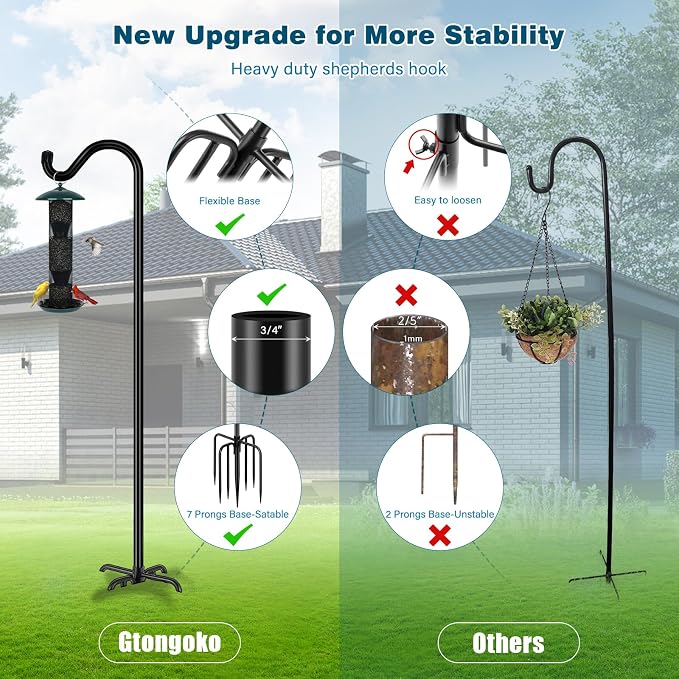 Gtongoko Adjustable Shepherds Hooks for Outdoor 76 Inch Bird Feeder Pole with 7 Prongs Base, 3/4 Inch Thick Heavy Duty for Hanging Bird Feeder, Plant Baskets,1 Pack