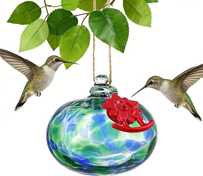 QFkris Blown Glass Hummingbird Feeder for Outdoors Hanging, Small Hummingbird Feeder with Flower Feeding Ports for Outside Garden Backyard Decor, Gifts for Women Mom(Green)