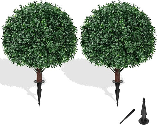 Grooy Artificial Boxwood Topiary Ball Tree with Ground Spike, Set of 2 Artificial Shrub Bushes, Fake Evergreen Tree for Porch, Artificial Plants for Outdoor Planters Indoor UV Resistant