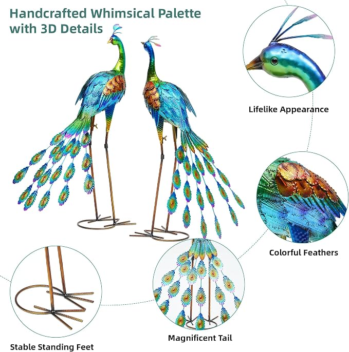 Oversized Peacock Decor Set of 2, 32" Outdoor Metal Yard Art | Hand-Painted Metal Peacock Sculpture. Weatherproof Garden Art for Lawn, Flower Beds, Patio, Backyard, or Indoor Home Decor.
