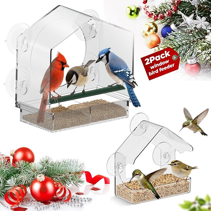 Window Bird Feeder with Non-Marking Self-Adhesive Hooks, 2 pcs Clear and Transparent, Outdoor Wild Bird Watching Gift for Finches, Cardinals (1 Large+1small Acrylic)