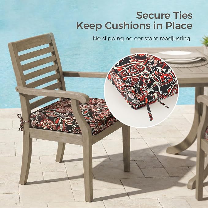 UNIKOME Outdoor Chair Cushions Set of 4, Water Resistant Patio Seat Cushions with Ties for Outdoor Furniture, High-Density Foam, UV & Fade Resistant, Piped Edge – 24" x 24" x 4", Red Paisley Floral