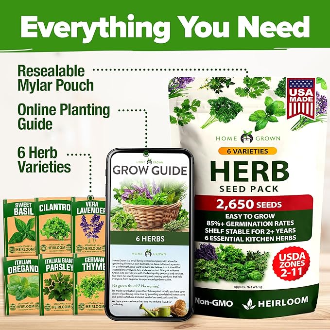 HOME GROWN 6 Herb Seeds for Planting 2,650+ Non-GMO Heirloom Seeds | Extra Large Variety Pack Herb Kit – Indoor Outdoor & Hydroponic | Culinary Seed Set | Grow Your Own Herbs | Gift for Beginners