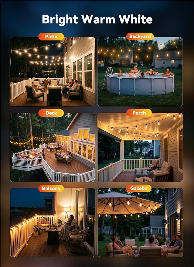 Minetom 80FT Outdoor String LED Patio Lights Waterproof, 24 Shatterproof S14 Vintage Edison Bulbs,Commercial Grade Outside Hanging Lights Waterproof for Porch Deck Garden Backyard Balcony Cafe Bistro