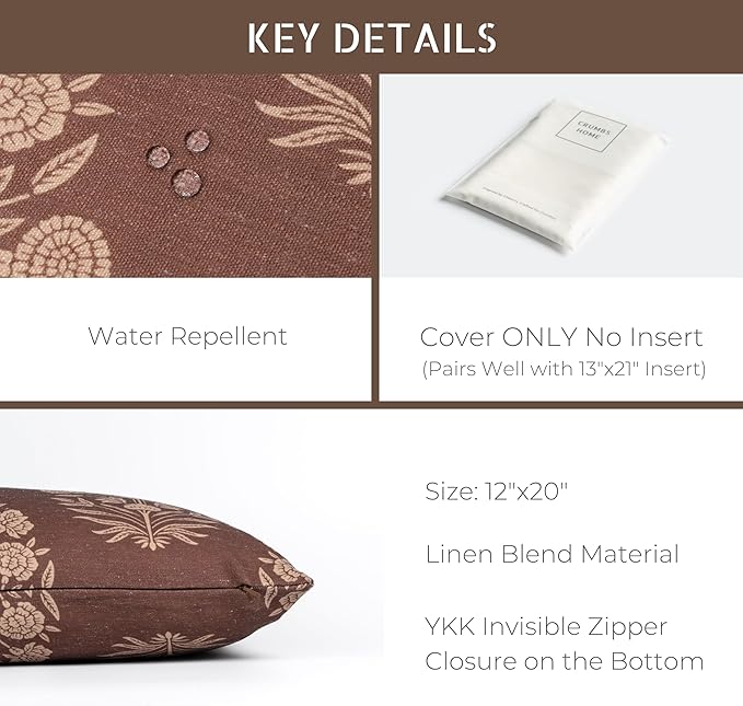 Crumbs Home Modern Farmhouse California Casual Indoor Outdoor Lumbar Pillow Cover, 12"x20" Water Repellent for Patio, Backyard, Couch, Poolside, Cocoa Brown Tan Print Floral