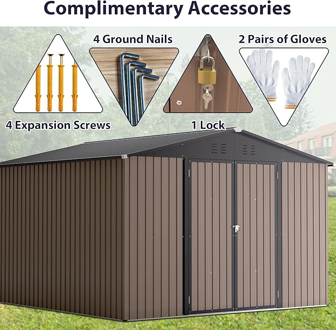 KEIKI Storage Shed 10x10 FT, Large Metal Tool Shed for Outdoor Storage, Galvanized Steel Garden Shed with Lockable Doors for Patio, Backyard, Lawn, Brown