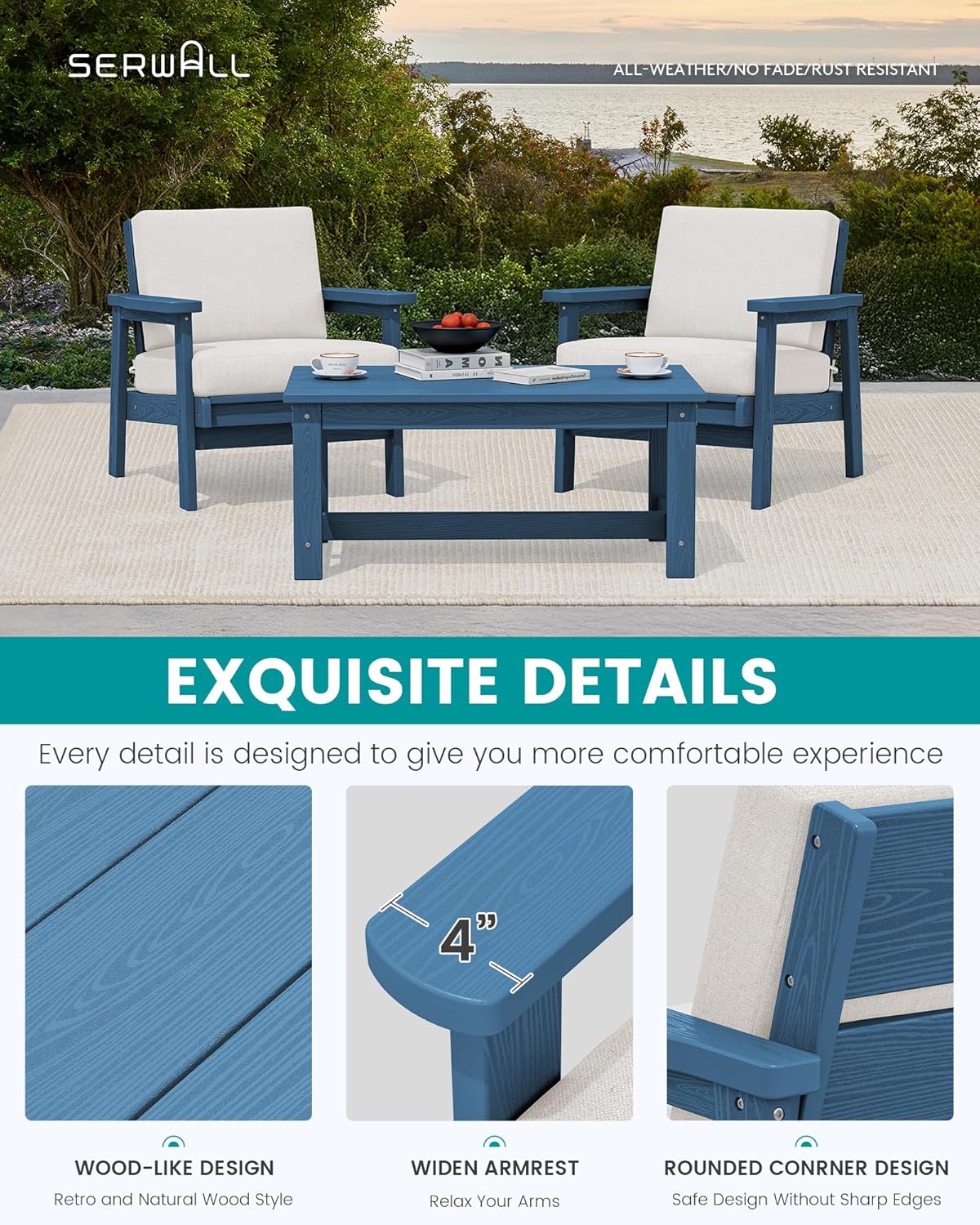 SERWALL HDPE Outdoor Couch Set of 2, Blue Frame and Khaki Cushion