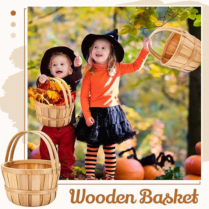 Marsui 6 Pcs Large Wooden Apple Basket 11 x 6.5'' Wicker Fruit Bushel Baskets with Handle for Garden Storage Organizing Farmers Personal or Commercial Use