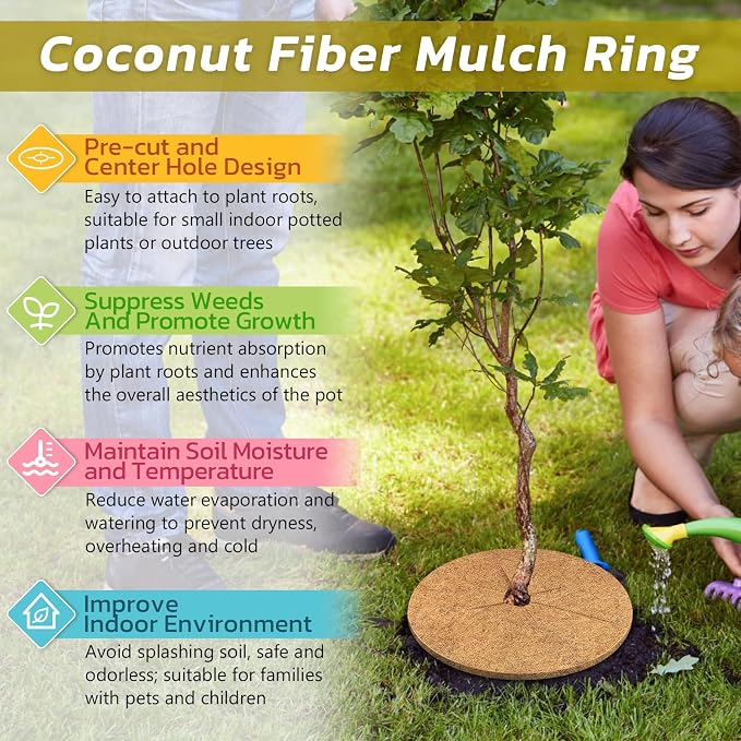 Legigo 4pcs Coconut Fiber Mulch Ring Tree Plant Protector Mat, 11.8 Inch Natural Coco Coir Tree Mulch Ring Plant Pot Soil Cover, Tree Rings Disc Plant Cover for Indoor Outdoor Plants, Landscaping