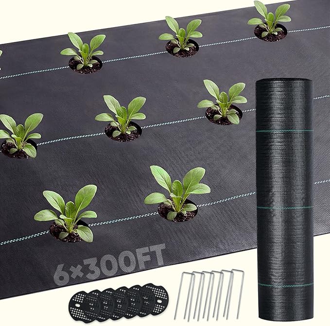 KING BIRD 6FTx300FT Weed Barrier Landscape Fabric w/Stakes & Gasket, 3.2oz Heavy Duty Woven Ground Cover Geotextile Fabric for Flower Garden Bed, Driveway, Pathway, Gravel & Yard Weed Control Mat