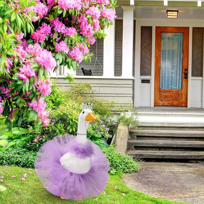 4 Pcs Princess Porch Goose Outfit for 23" 17" Cement Lawn Goose Costume Crown Necklace Tutu Skirt Feather Trim for Princess Outdoor Garden Lawn Art Decor(Purple)