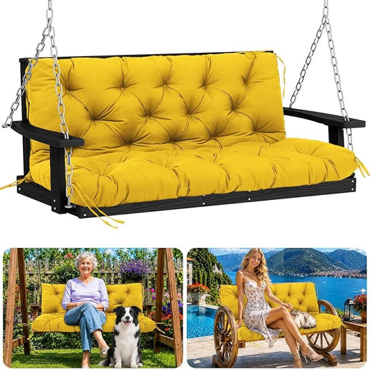 Porch Swing Cushions 60 inch Waterproof & Fade Resistant Thicken 5" Outdoor Swing Cushions 3 Seater Replacement with Backrest & Ties Patio Swing Cushions for Outdoor Furniture (Yellow)
