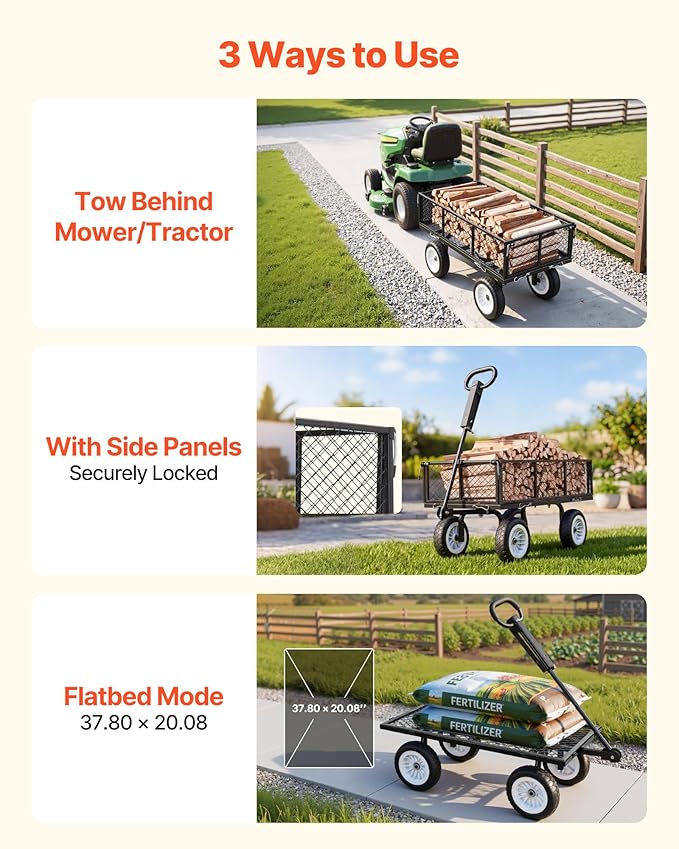 VEVOR 900 LBS Steel Garden Cart, 2 in 1 Handle, Heavy Duty Pullable Garden Wagon with 10" Flat-Free Tires, Outdoor Utility Yard Wagon Cart with Detachable Side Panels, Attach to ATV or Tractor